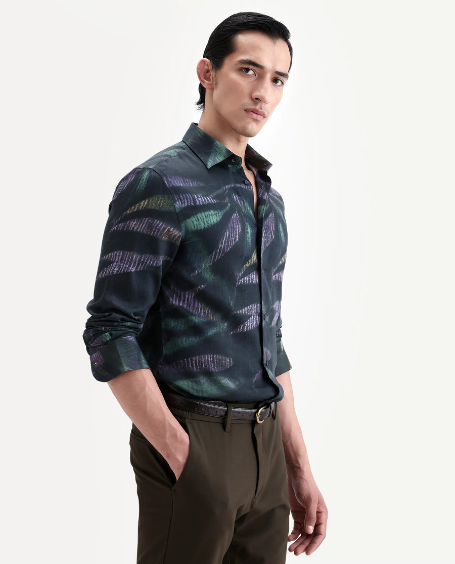 Rare Rabbit Men's Leafo Dusky Green Cotton Blend Blend Fabric Full Sleeve Regular Fit Abstract Print Shirt