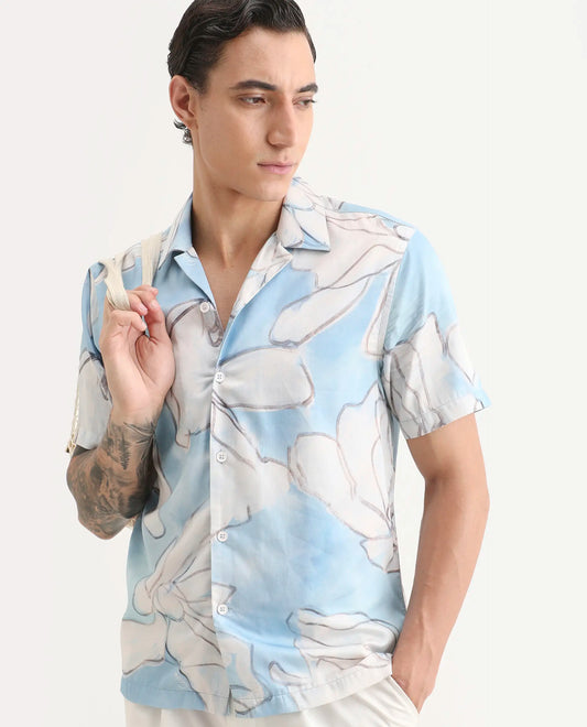 Rare Rabbit Men's Lino Pastel Blue Cotton Blend Fabric Half Sleeve Cuban Collar Regular Fit Floral Print Shirt