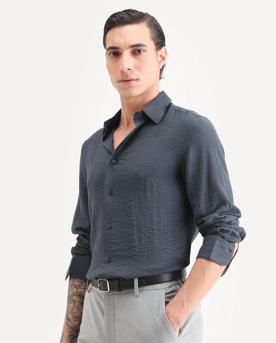 Rare Rabbit Men's Volas Dusky Grey Viscose Blend Fabric Full Sleeve Spread Collar Regular Fit Plain Shirt