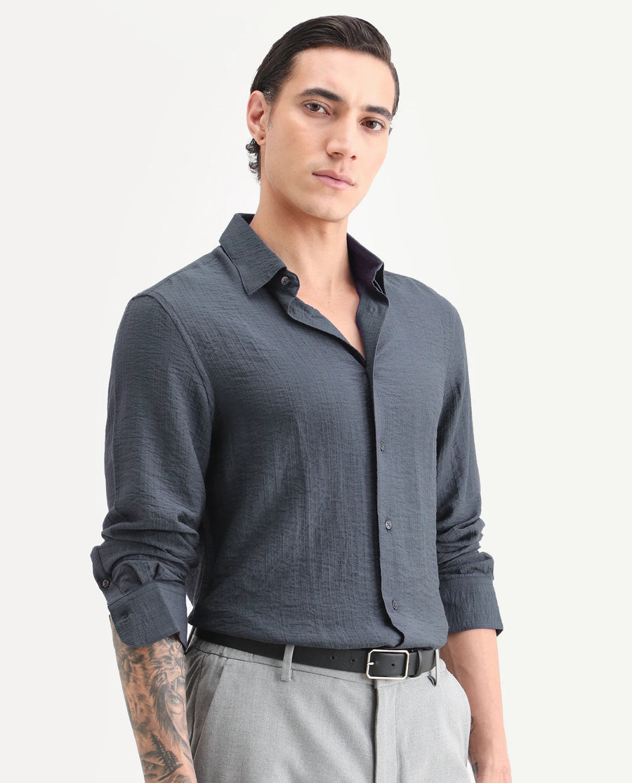 Rare Rabbit Men's Volas Dusky Grey Viscose Blend Fabric Full Sleeve Spread Collar Regular Fit Plain Shirt