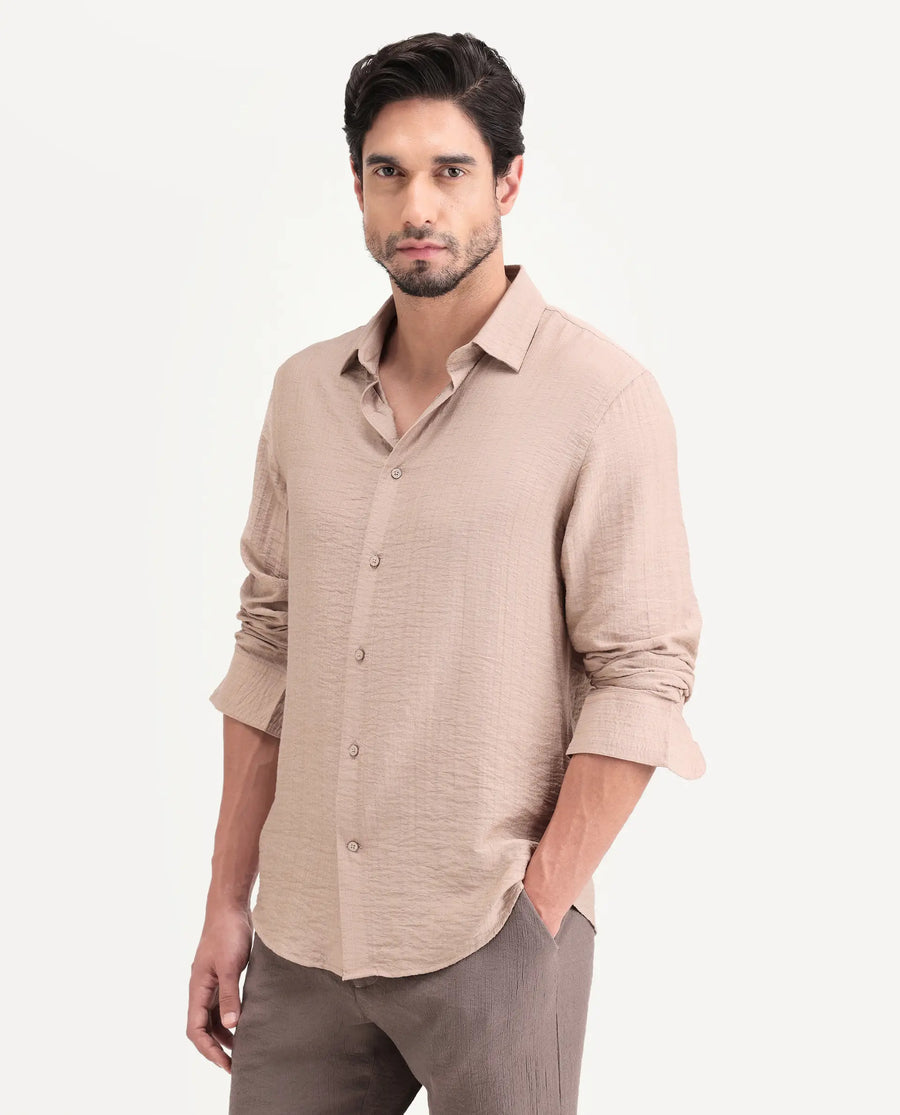 Rare Rabbit Men's Volas Dusky Beige Viscose Blend Fabric Full Sleeve Spread Collar Regular Fit Plain Shirt