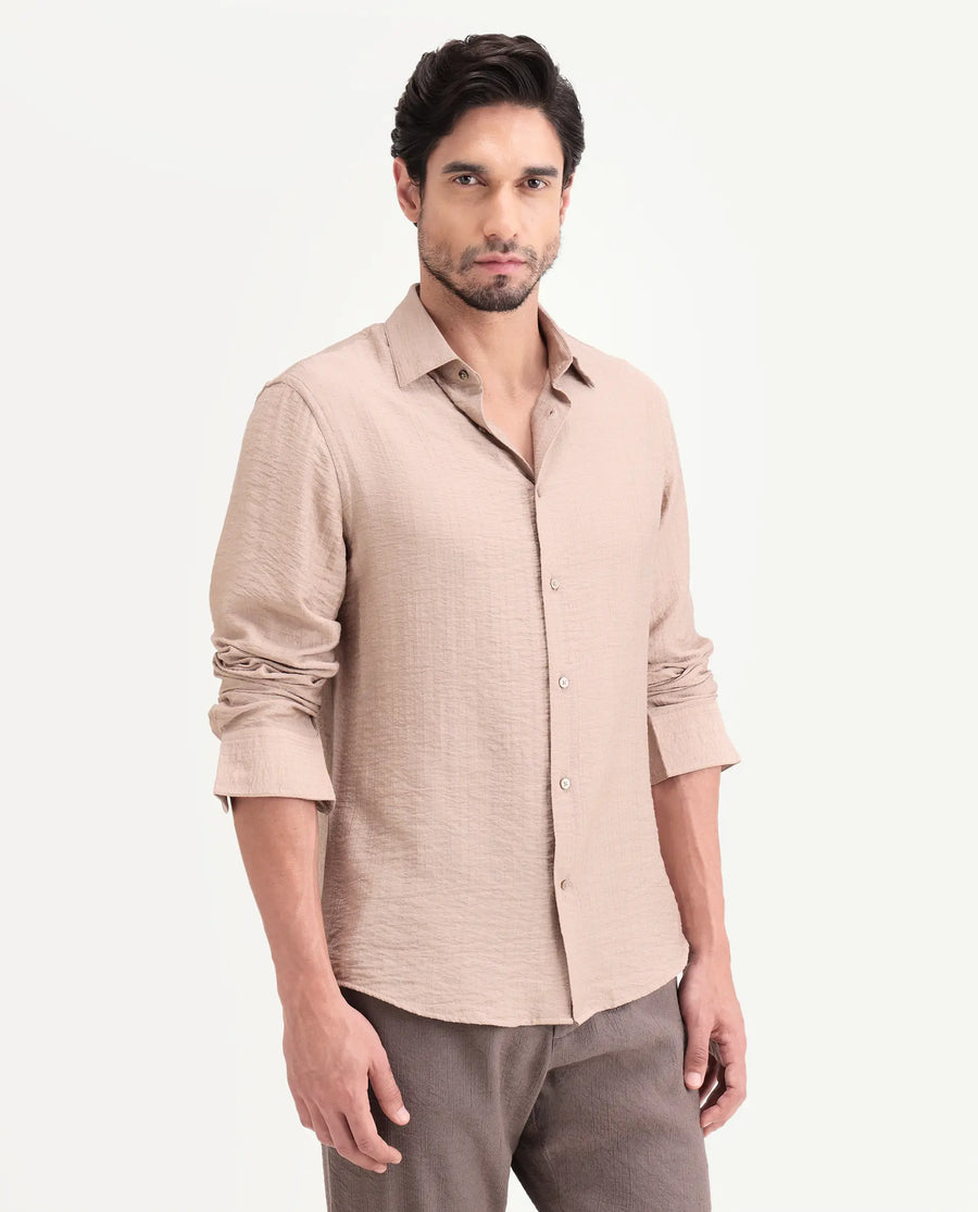 Rare Rabbit Men's Volas Dusky Beige Viscose Blend Fabric Full Sleeve Spread Collar Regular Fit Plain Shirt