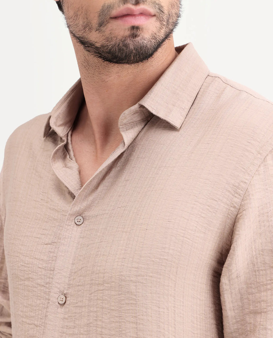 Rare Rabbit Men's Volas Dusky Beige Viscose Blend Fabric Full Sleeve Spread Collar Regular Fit Plain Shirt