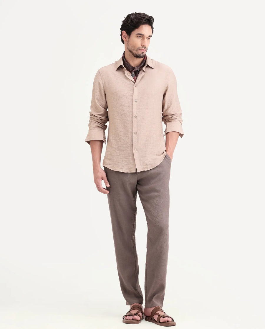 Rare Rabbit Men's Volas Dusky Beige Viscose Blend Fabric Full Sleeve Spread Collar Regular Fit Plain Shirt