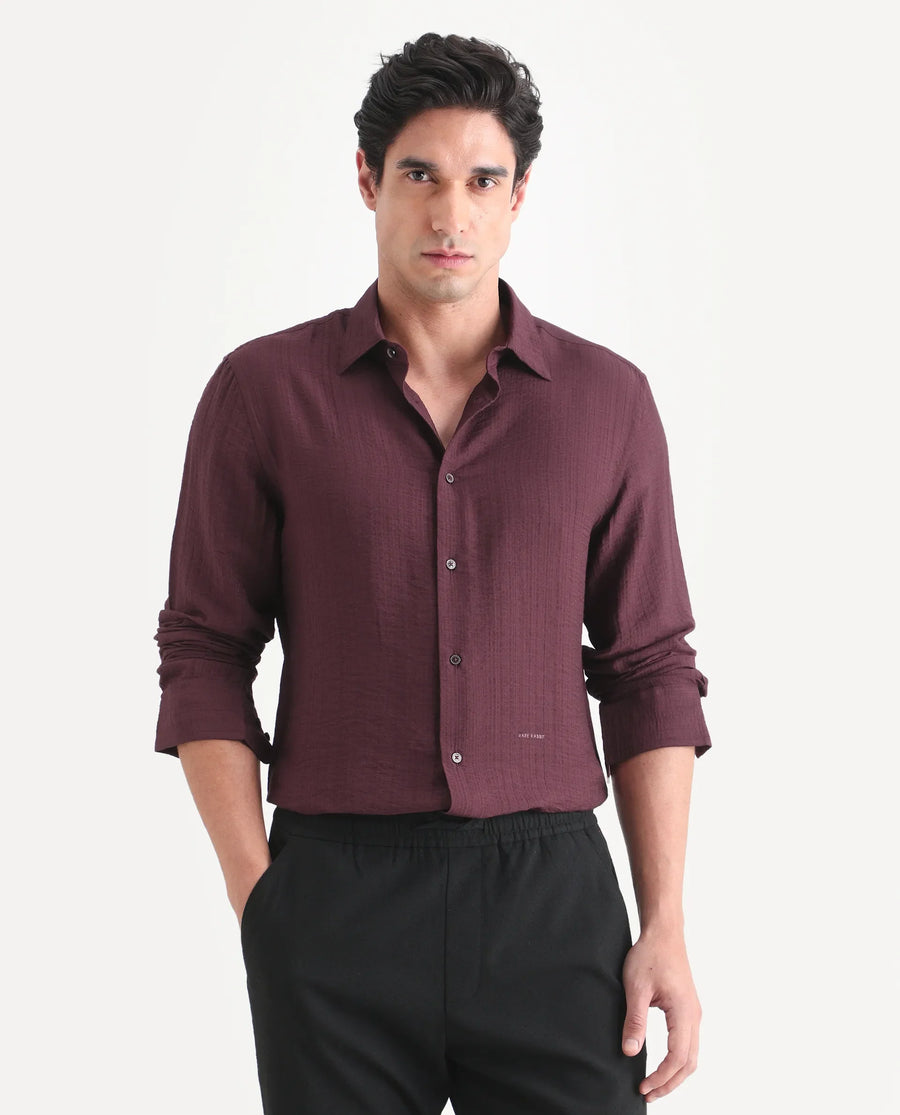 Rare Rabbit Men's Volas Dusky Maroon Viscose Blend Fabric Full Sleeve Spread Collar Regular Fit Plain Shirt