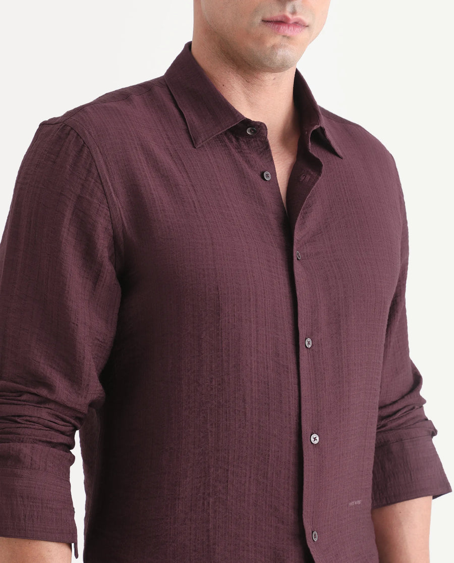 Rare Rabbit Men's Volas Dusky Maroon Viscose Blend Fabric Full Sleeve Spread Collar Regular Fit Plain Shirt
