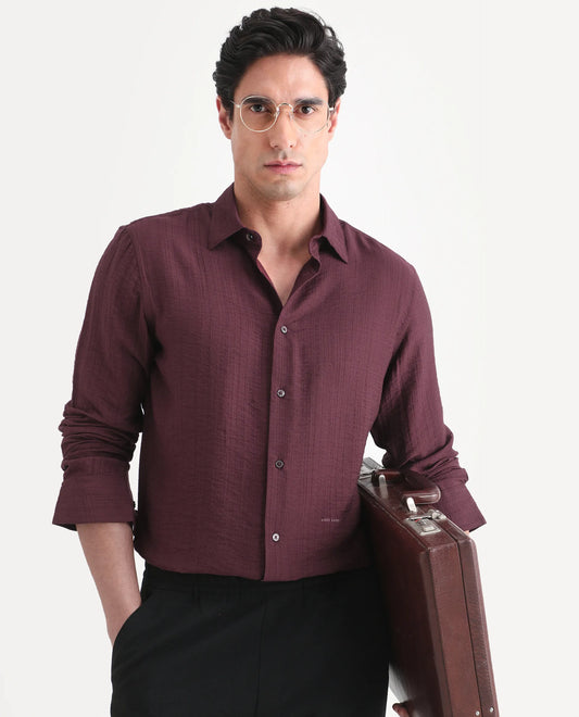 Rare Rabbit Men's Volas Dusky Maroon Viscose Blend Fabric Full Sleeve Spread Collar Regular Fit Plain Shirt