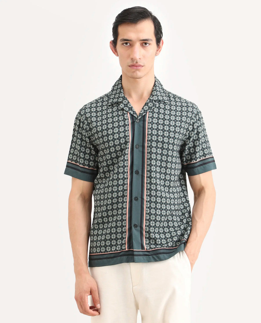 Rare Rabbit Men's Lojo-Ss Dusky Green Viscose Fabric Half Sleeve Cuban Collar Regular Fit Geometric Print Shirt