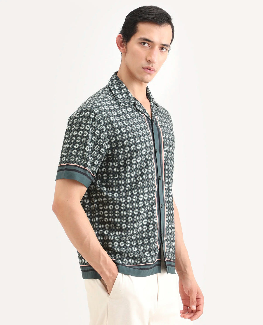 Rare Rabbit Men's Lojo-Ss Dusky Green Viscose Fabric Half Sleeve Cuban Collar Regular Fit Geometric Print Shirt