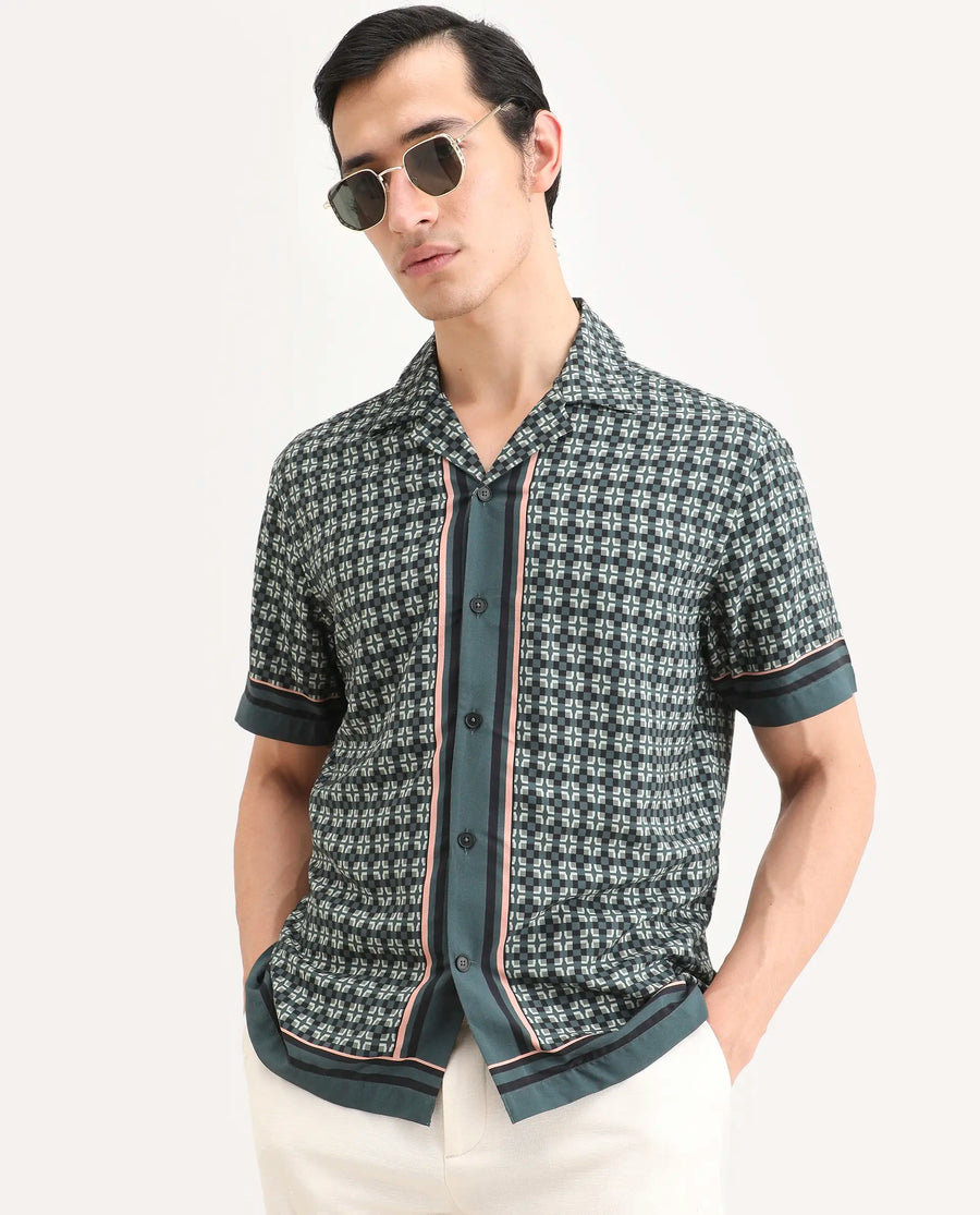 Rare Rabbit Men's Lojo-Ss Dusky Green Viscose Fabric Half Sleeve Cuban Collar Regular Fit Geometric Print Shirt