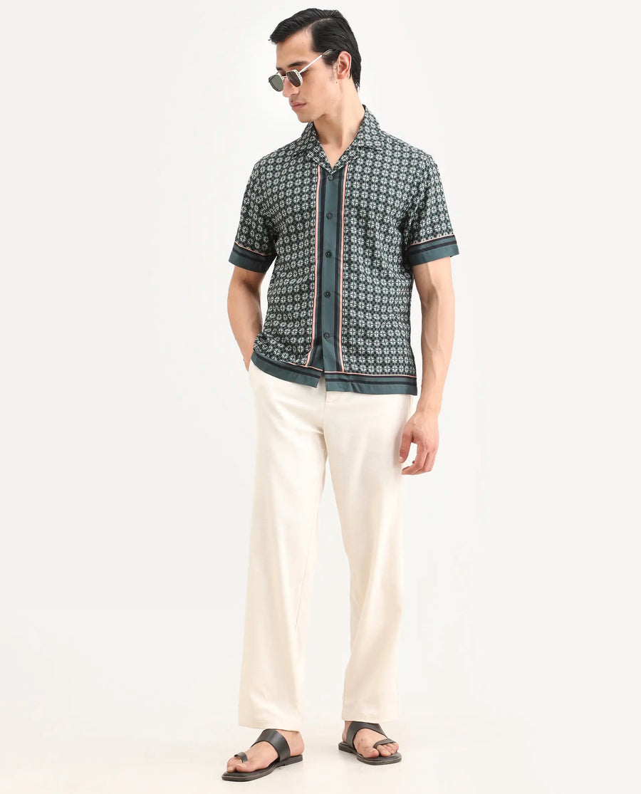 Rare Rabbit Men's Lojo-Ss Dusky Green Viscose Fabric Half Sleeve Cuban Collar Regular Fit Geometric Print Shirt