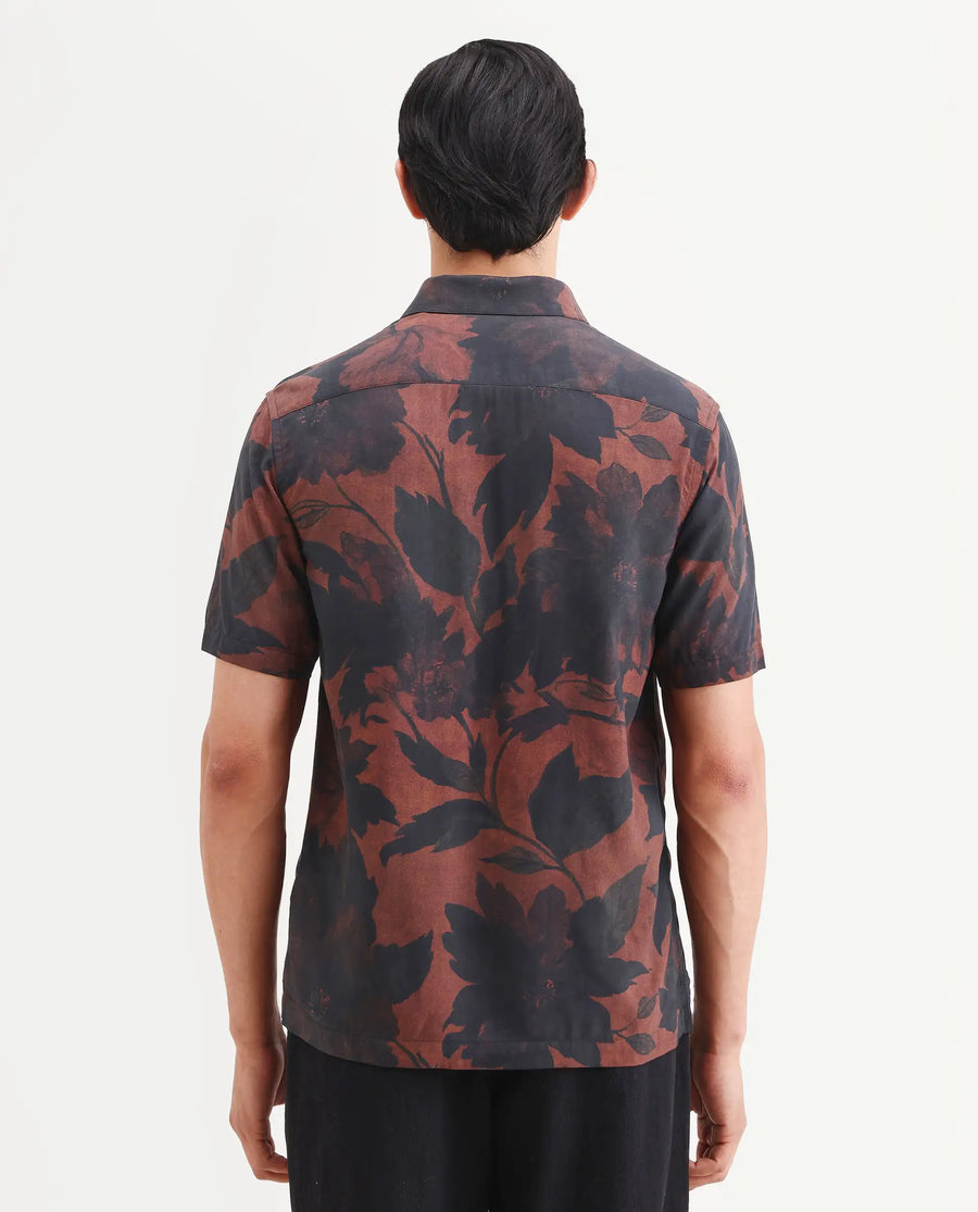 Rare Rabbit Men's Mork Dusky Brown Viscose Fabric Half Sleeve Spread Collar Regular Fit Tropical Print Shirt