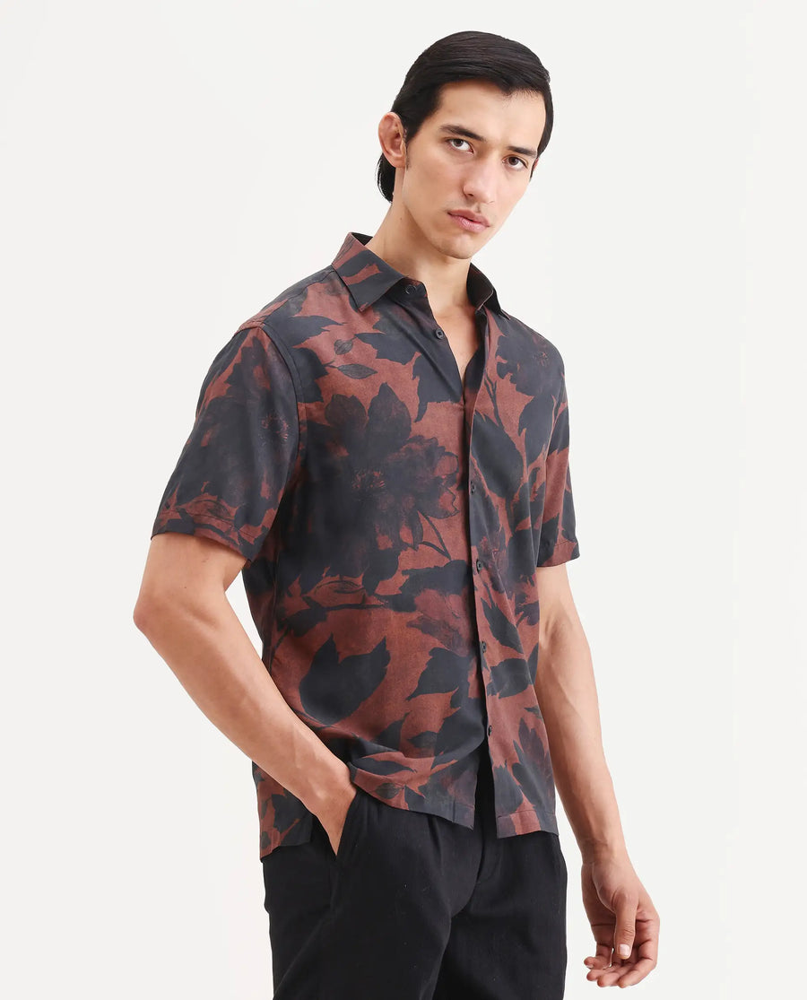 Rare Rabbit Men's Mork Dusky Brown Viscose Fabric Half Sleeve Spread Collar Regular Fit Tropical Print Shirt