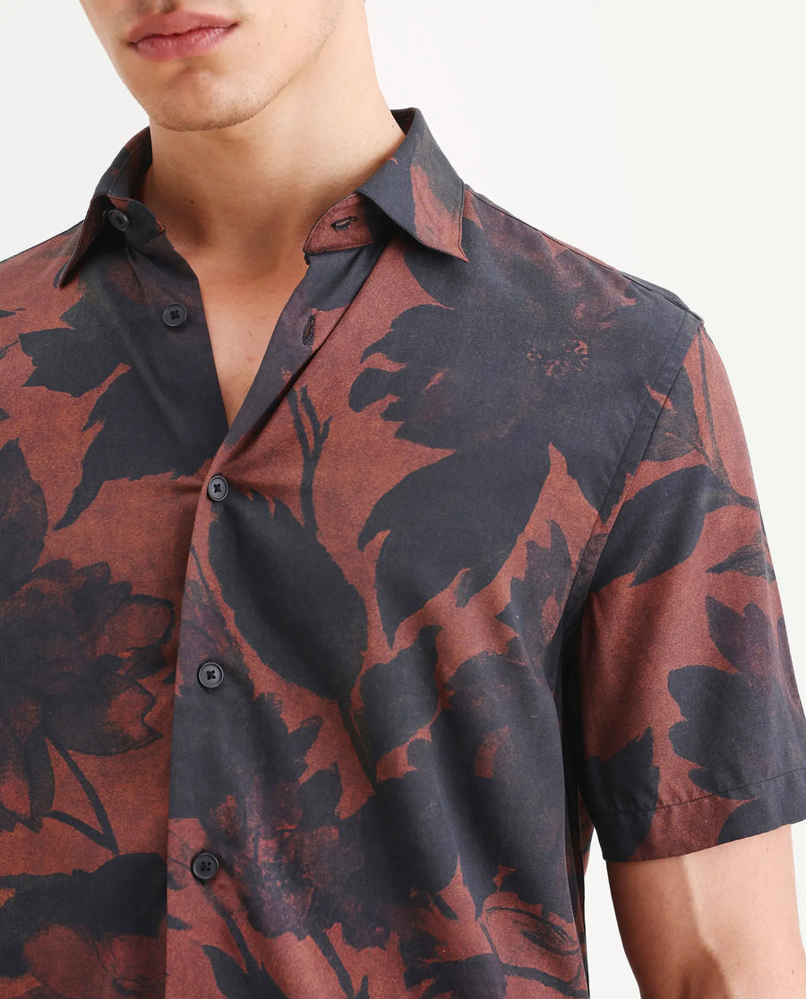 Rare Rabbit Men's Mork Dusky Brown Viscose Fabric Half Sleeve Spread Collar Regular Fit Tropical Print Shirt