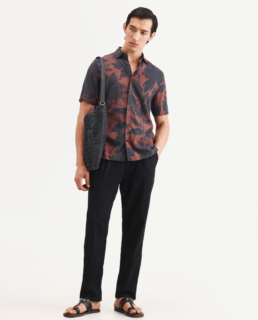 Rare Rabbit Men's Mork Dusky Brown Viscose Fabric Half Sleeve Spread Collar Regular Fit Tropical Print Shirt