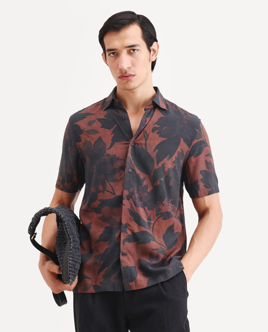 Rare Rabbit Men's Mork Dusky Brown Viscose Fabric Half Sleeve Spread Collar Regular Fit Tropical Print Shirt