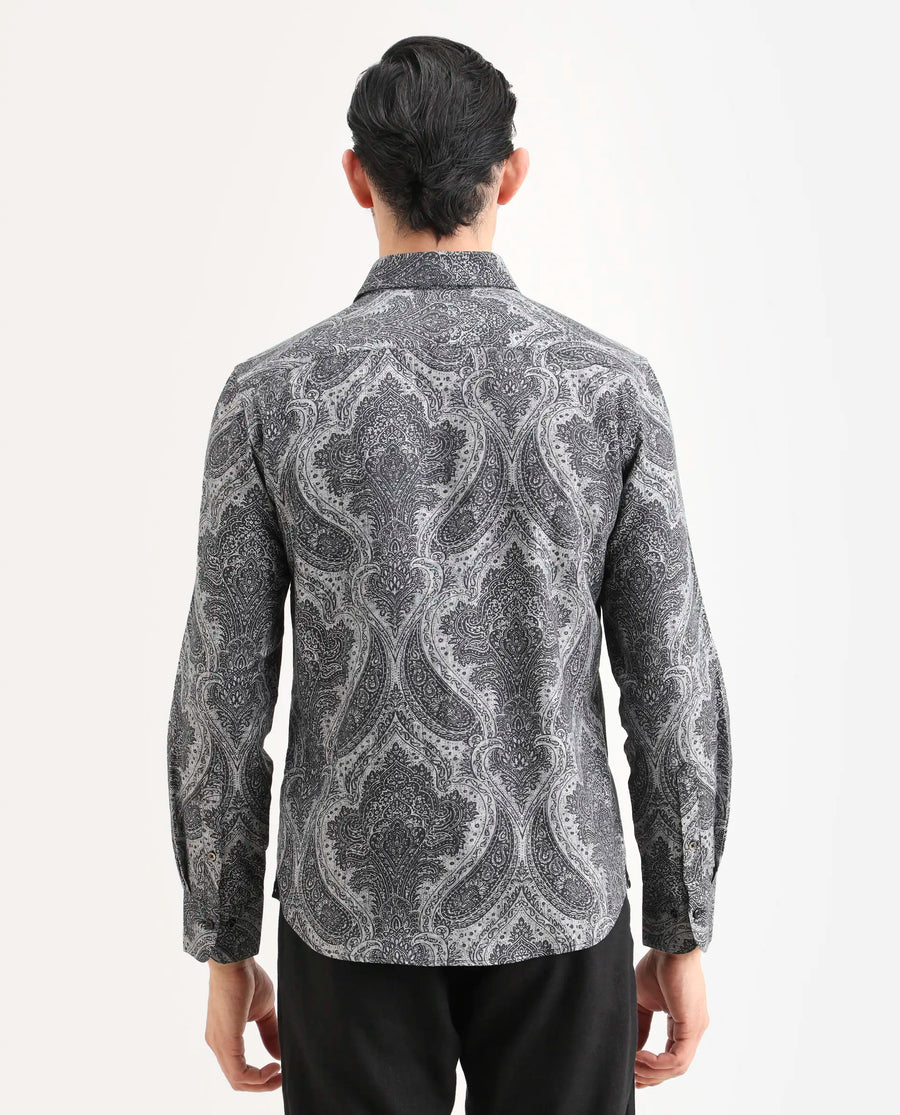 Rare Rabbit Men's Myra Dusky Grey Cotton Blend Fabric Full Sleeve Spread Collar Regular Fit Paisley Shirt