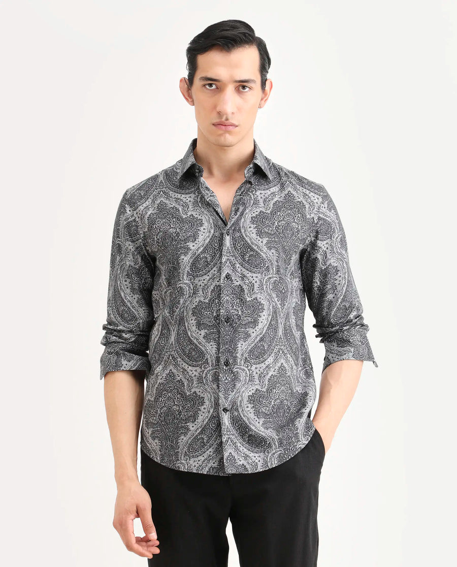 Rare Rabbit Men's Myra Dusky Grey Cotton Blend Fabric Full Sleeve Spread Collar Regular Fit Paisley Shirt