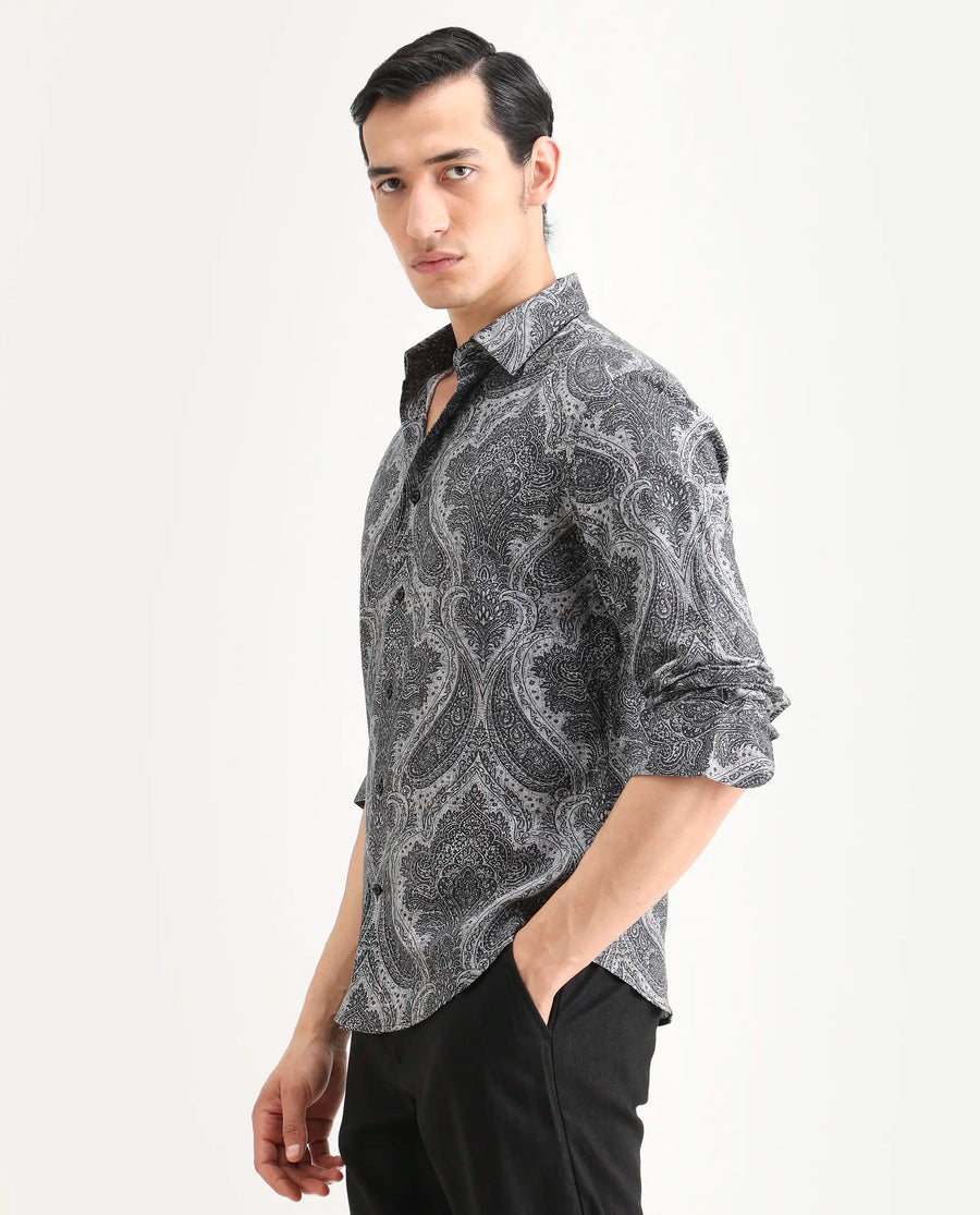 Rare Rabbit Men's Myra Dusky Grey Cotton Blend Fabric Full Sleeve Spread Collar Regular Fit Paisley Shirt