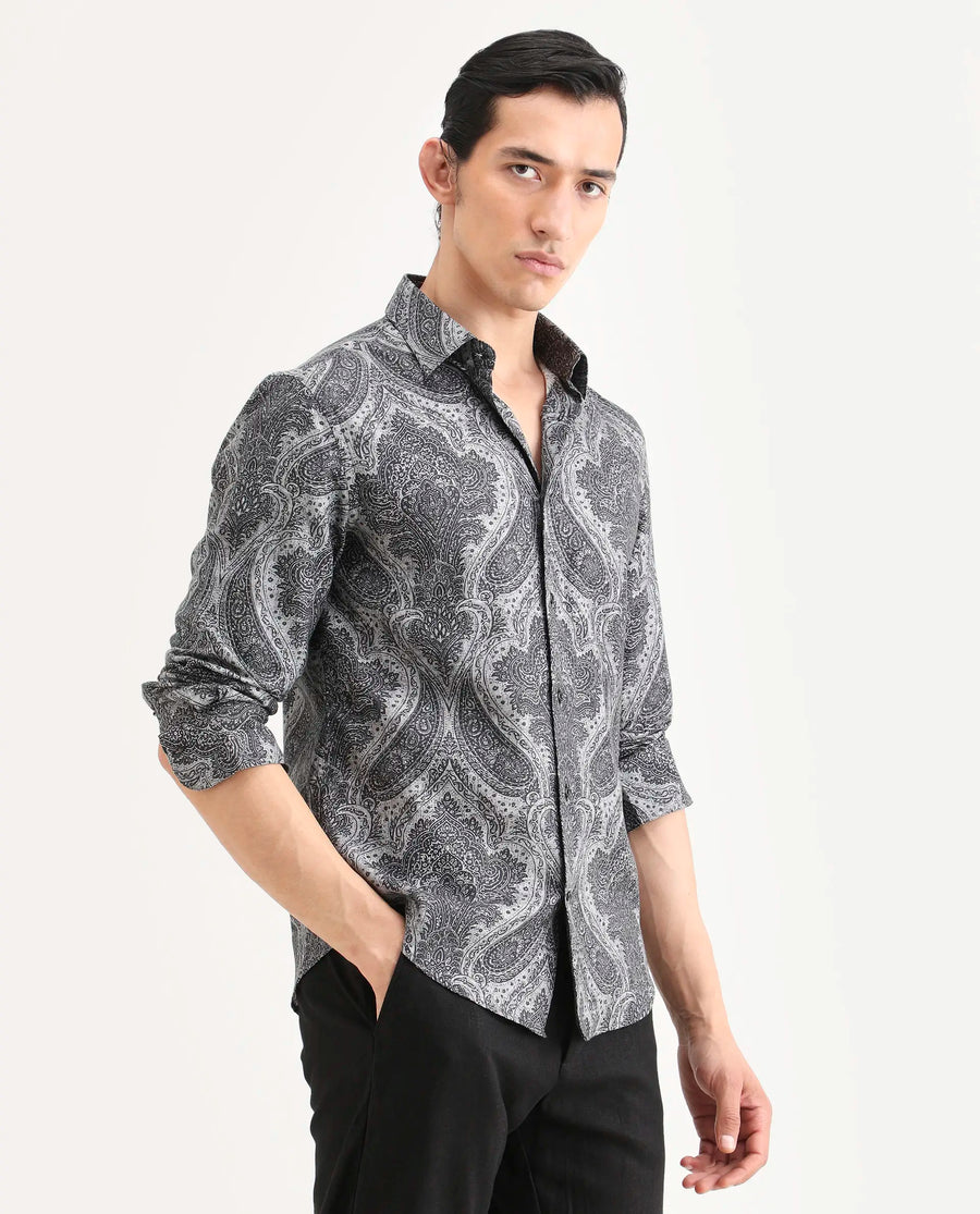 Rare Rabbit Men's Myra Dusky Grey Cotton Blend Fabric Full Sleeve Spread Collar Regular Fit Paisley Shirt