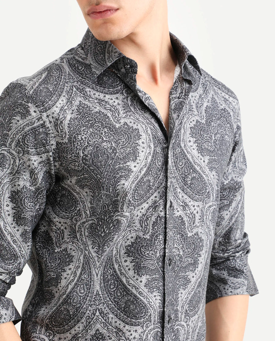 Rare Rabbit Men's Myra Dusky Grey Cotton Blend Fabric Full Sleeve Spread Collar Regular Fit Paisley Shirt