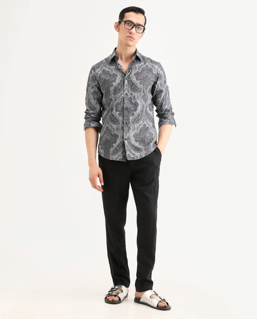 Rare Rabbit Men's Myra Dusky Grey Cotton Blend Fabric Full Sleeve Spread Collar Regular Fit Paisley Shirt