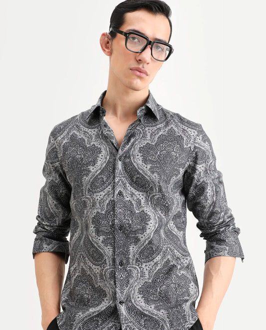 Rare Rabbit Men's Myra Dusky Grey Cotton Blend Fabric Full Sleeve Spread Collar Regular Fit Paisley Shirt
