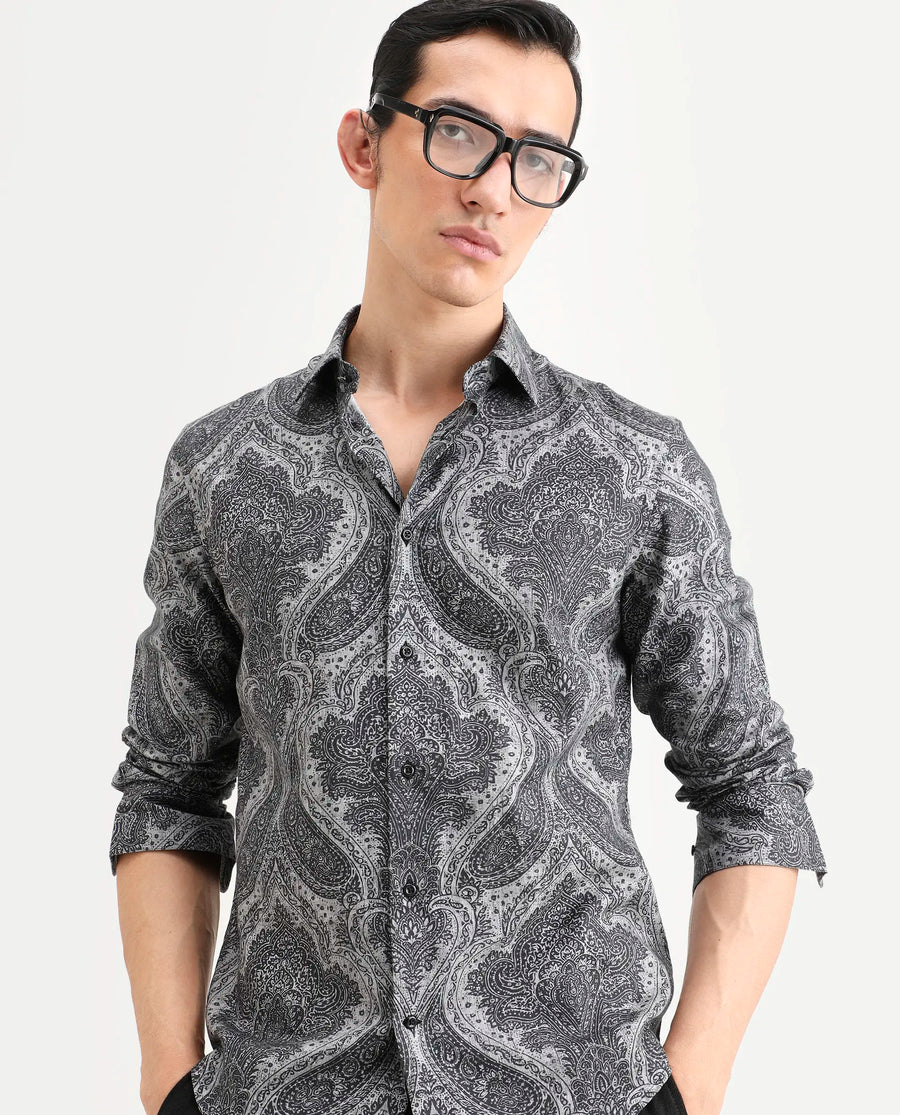 Rare Rabbit Men's Myra Dusky Grey Cotton Blend Fabric Full Sleeve Spread Collar Regular Fit Paisley Shirt