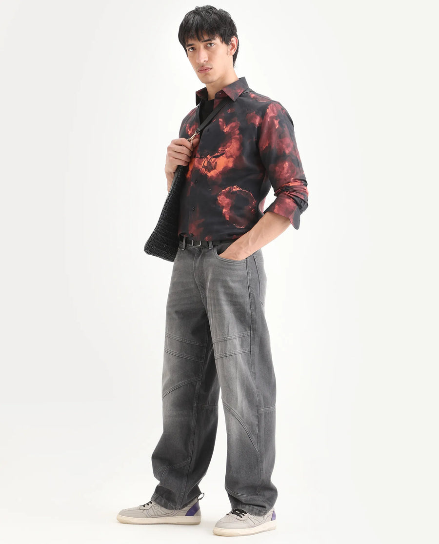 Rare Rabbit Men's Nemi Black Cotton Blend Fabric Full Sleeve Spread Collar Regular Fit Abstract Print Shirt