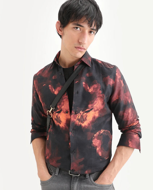 Rare Rabbit Men's Nemi Black Cotton Blend Fabric Full Sleeve Spread Collar Regular Fit Abstract Print Shirt
