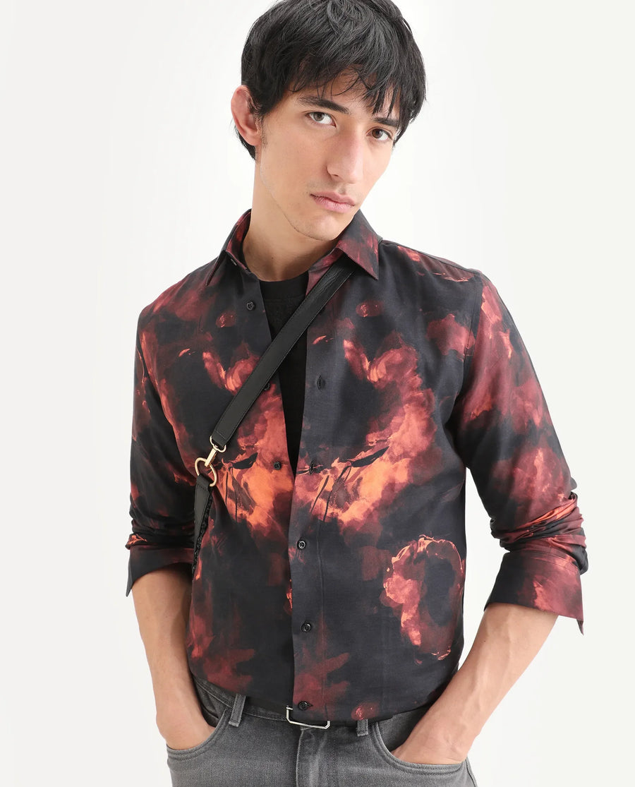 Rare Rabbit Men's Nemi Black Cotton Blend Fabric Full Sleeve Spread Collar Regular Fit Abstract Print Shirt