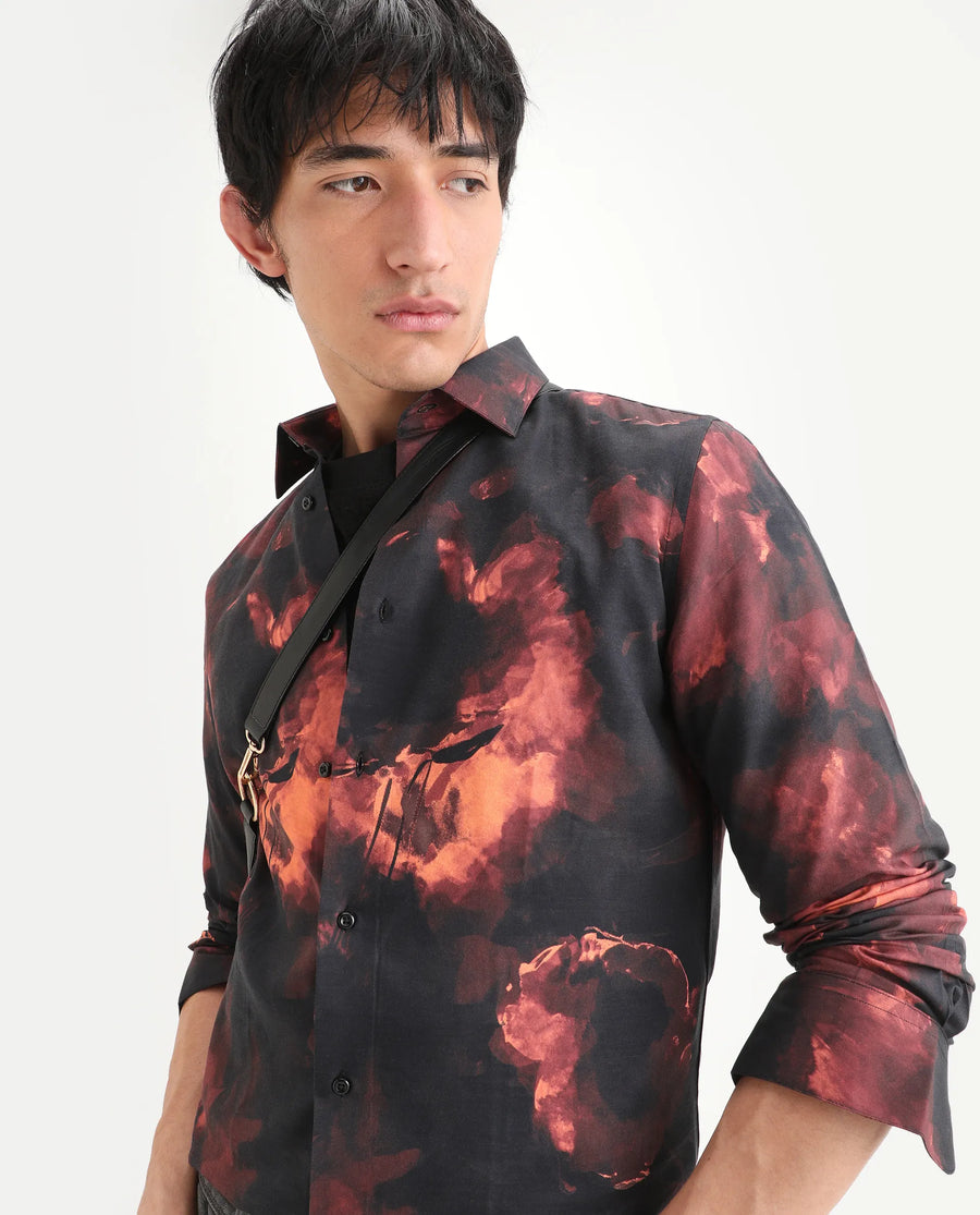 Rare Rabbit Men's Nemi Black Cotton Blend Fabric Full Sleeve Spread Collar Regular Fit Abstract Print Shirt