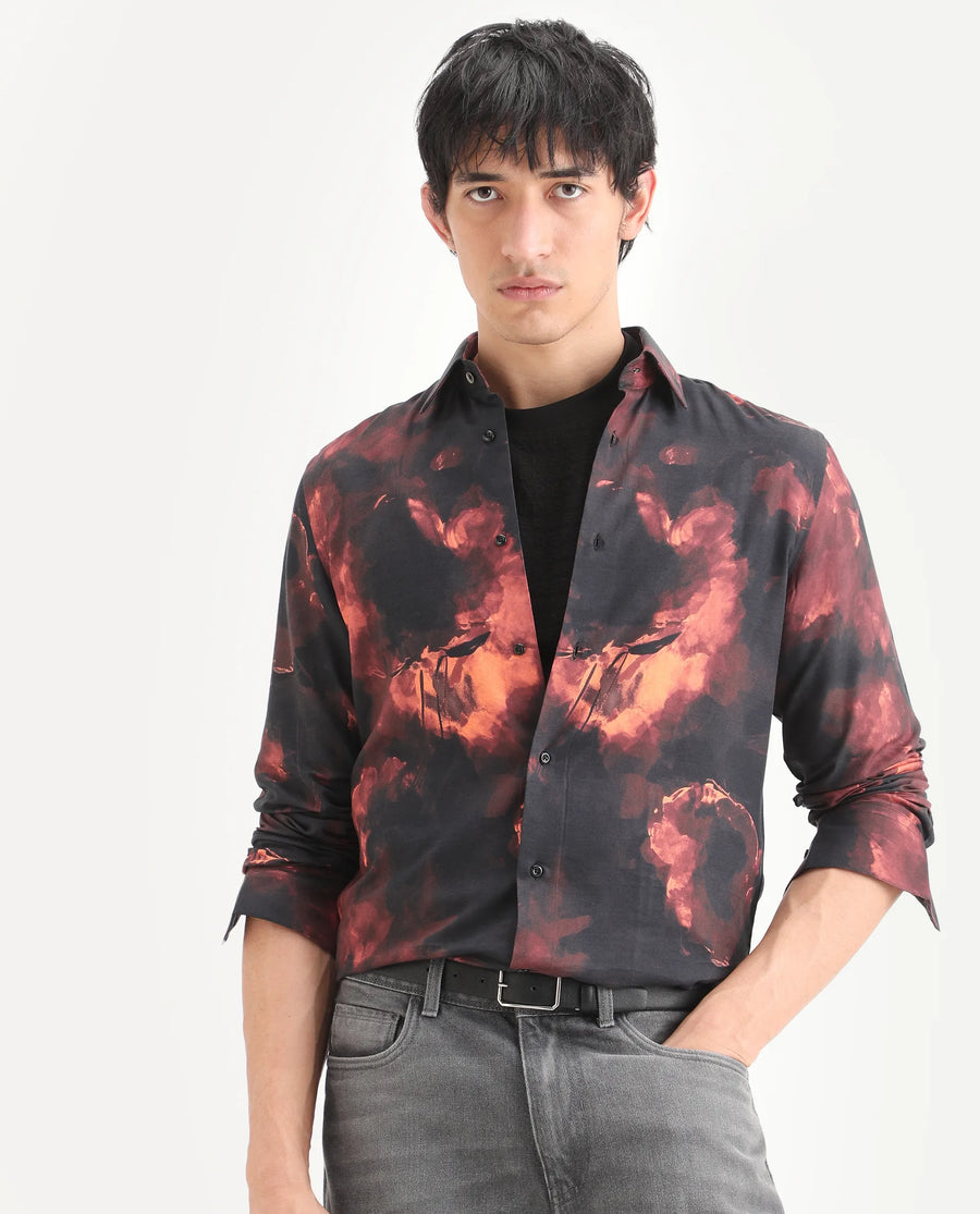 Rare Rabbit Men's Nemi Black Cotton Blend Fabric Full Sleeve Spread Collar Regular Fit Abstract Print Shirt