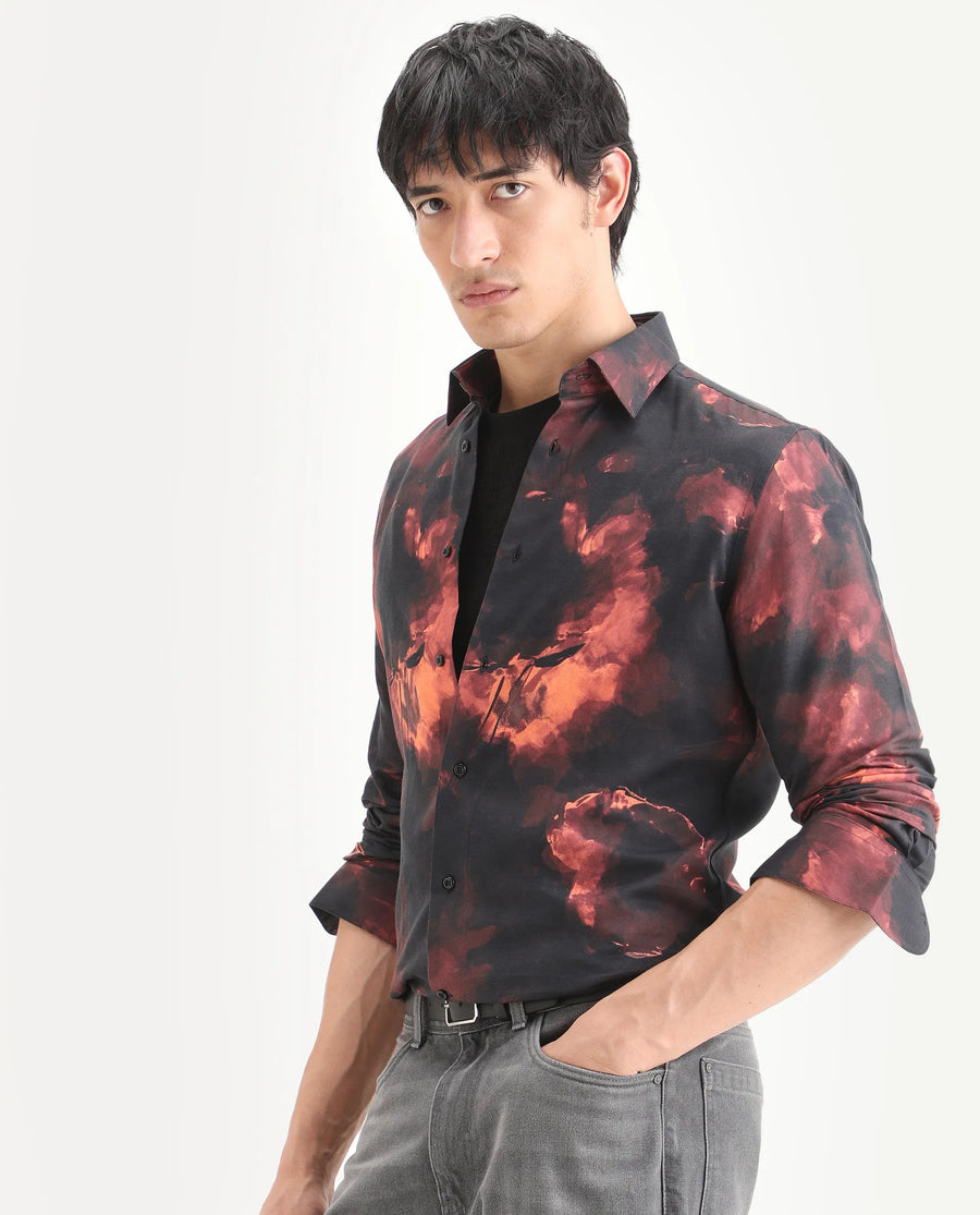 Rare Rabbit Men's Nemi Black Cotton Blend Fabric Full Sleeve Spread Collar Regular Fit Abstract Print Shirt