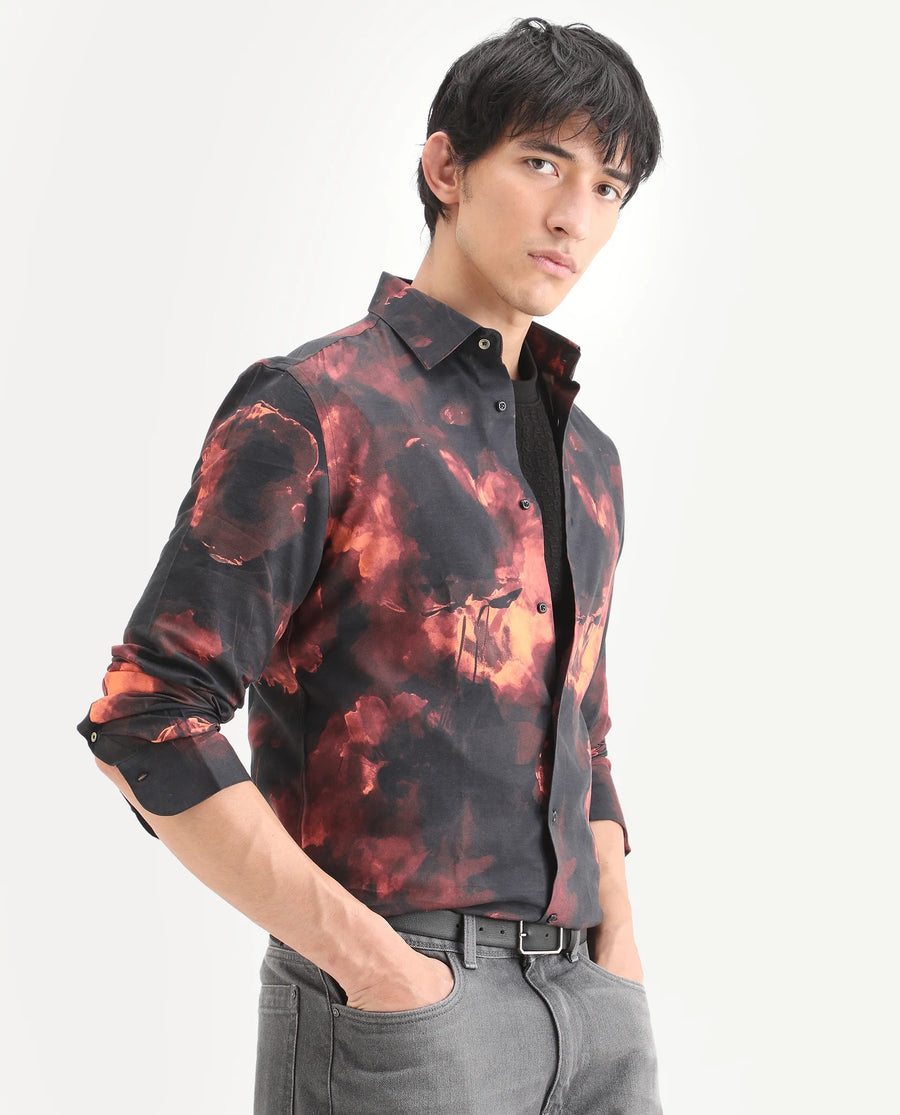 Rare Rabbit Men's Nemi Black Cotton Blend Fabric Full Sleeve Spread Collar Regular Fit Abstract Print Shirt