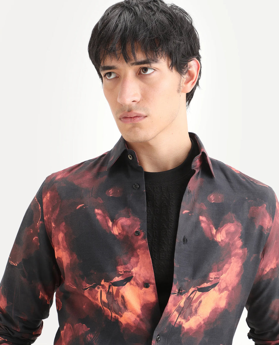 Rare Rabbit Men's Nemi Black Cotton Blend Fabric Full Sleeve Spread Collar Regular Fit Abstract Print Shirt