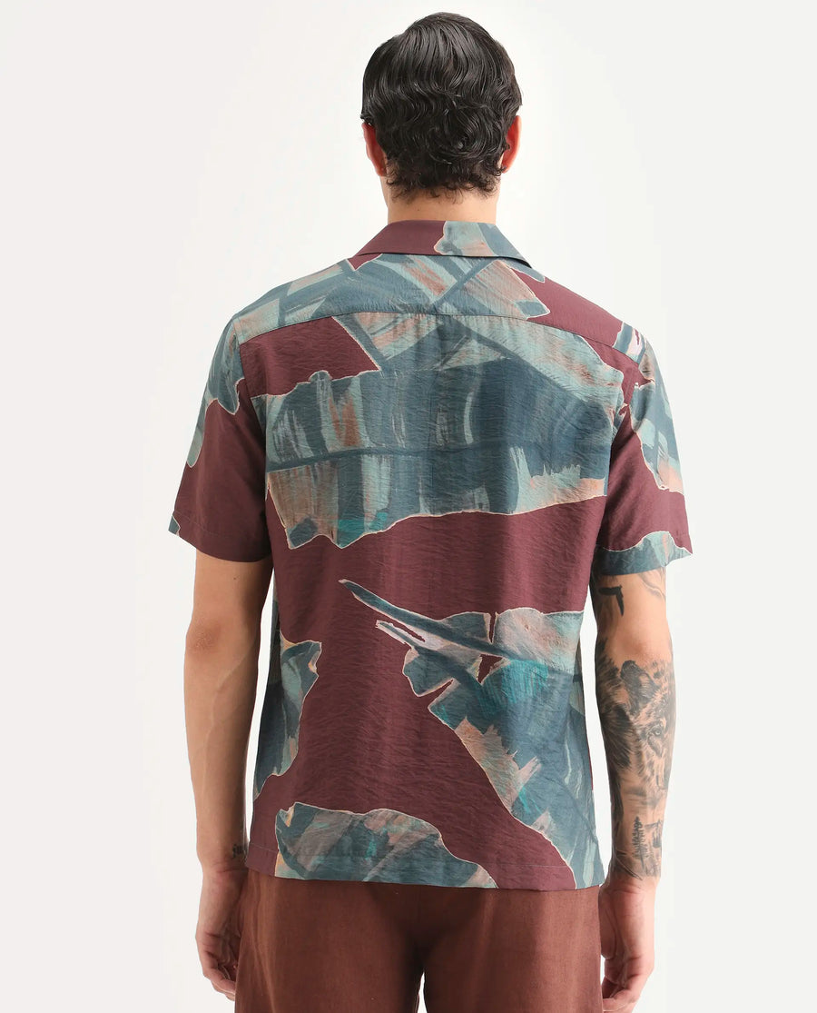 Rare Rabbit Men's Noxi Maroon Viscose Blend Fabric Half Sleeve Spread Collar Regular Fit Tropical Print Shirt