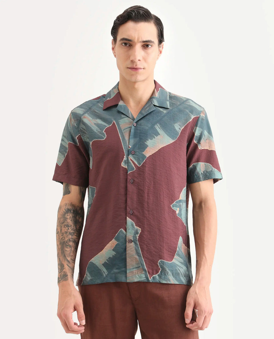 Rare Rabbit Men's Noxi Maroon Viscose Blend Fabric Half Sleeve Spread Collar Regular Fit Tropical Print Shirt
