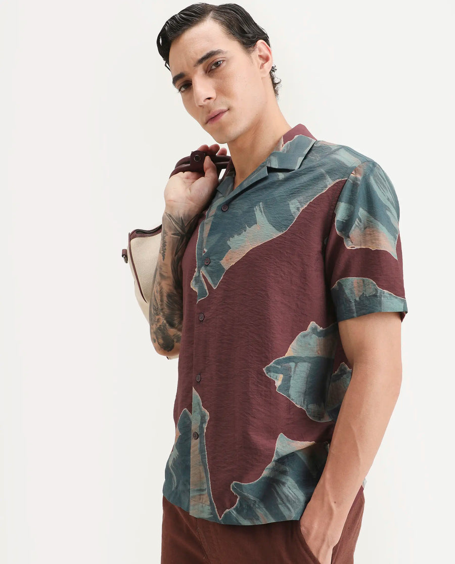 Rare Rabbit Men's Noxi Maroon Viscose Blend Fabric Half Sleeve Spread Collar Regular Fit Tropical Print Shirt