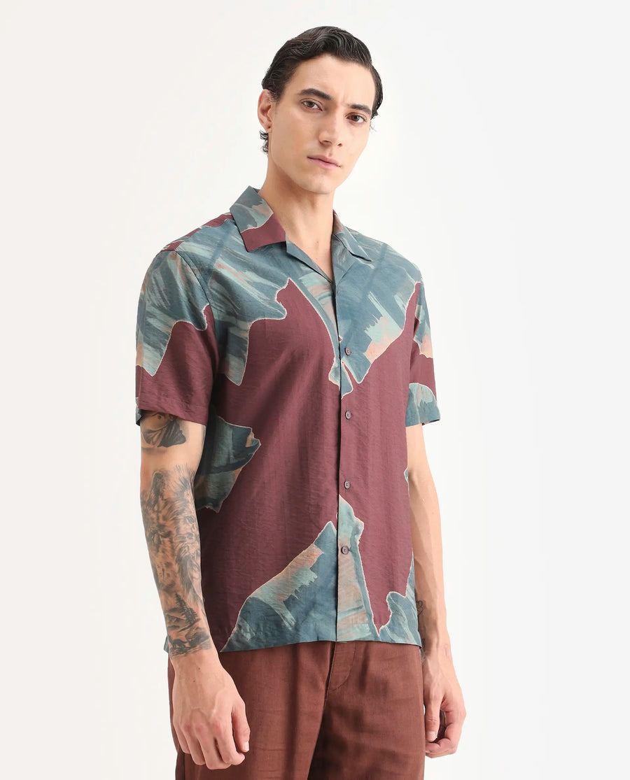 Rare Rabbit Men's Noxi Maroon Viscose Blend Fabric Half Sleeve Spread Collar Regular Fit Tropical Print Shirt