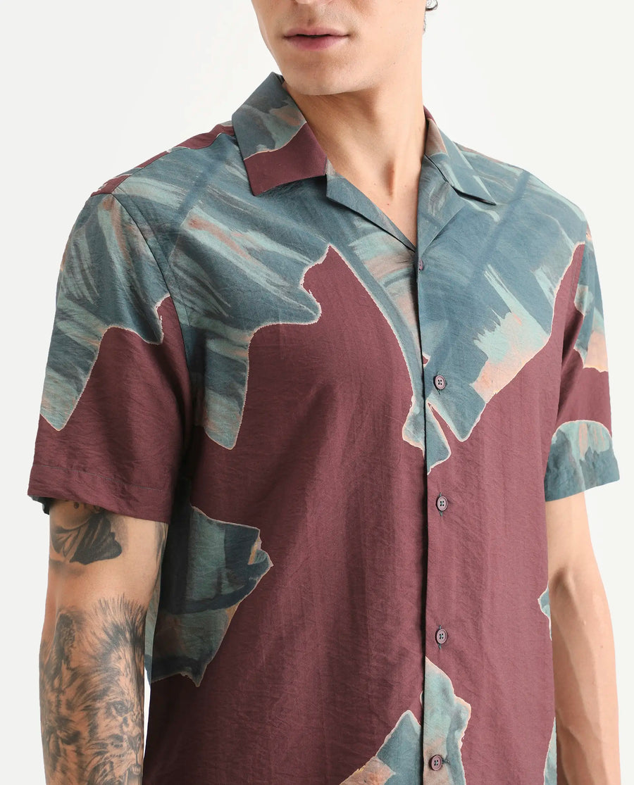 Rare Rabbit Men's Noxi Maroon Viscose Blend Fabric Half Sleeve Spread Collar Regular Fit Tropical Print Shirt