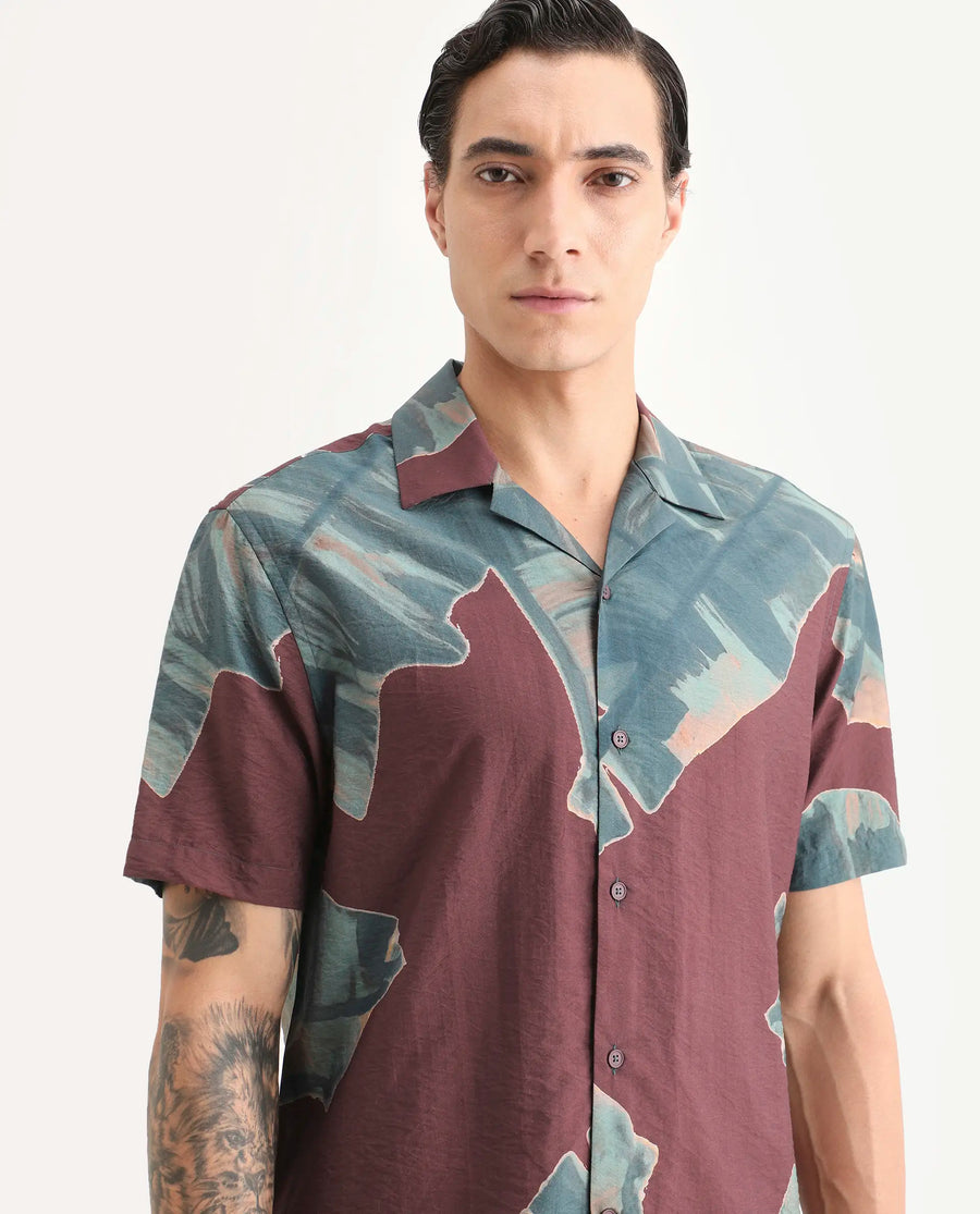 Rare Rabbit Men's Noxi Maroon Viscose Blend Fabric Half Sleeve Spread Collar Regular Fit Tropical Print Shirt