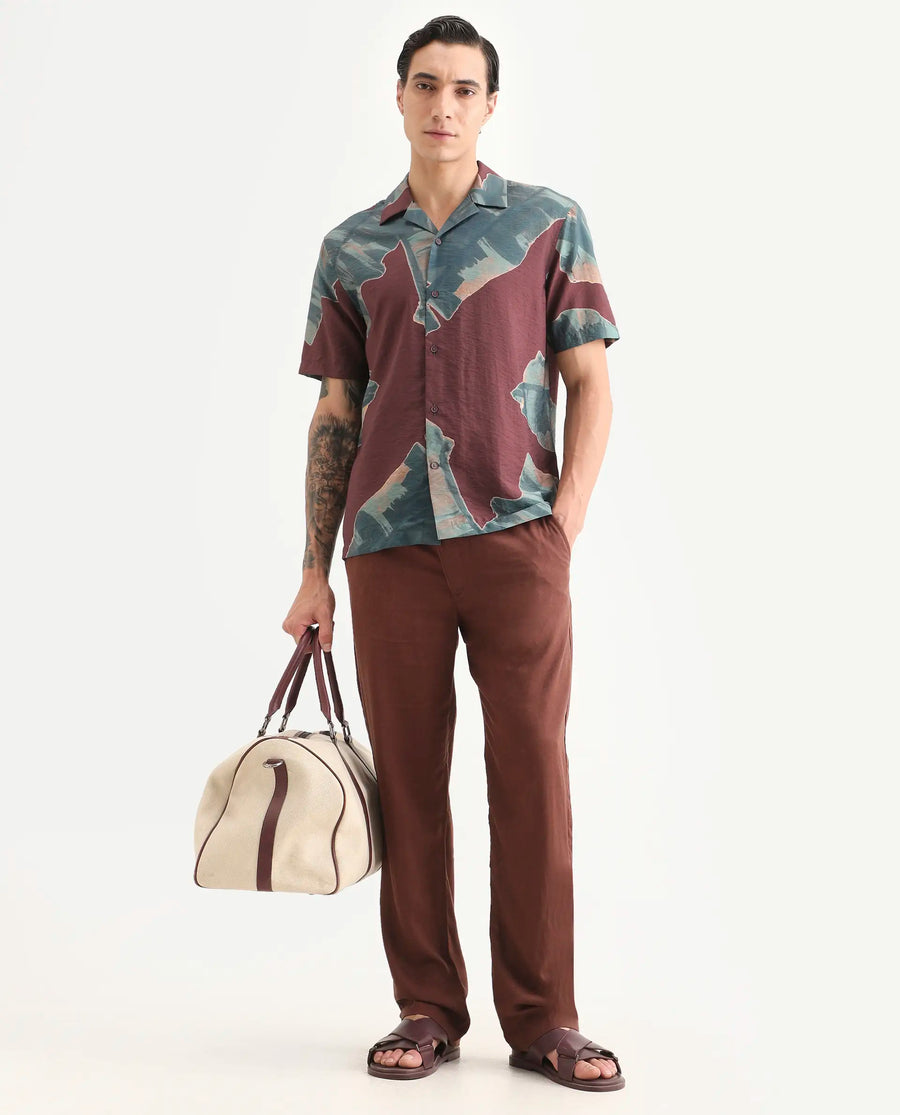 Rare Rabbit Men's Noxi Maroon Viscose Blend Fabric Half Sleeve Spread Collar Regular Fit Tropical Print Shirt