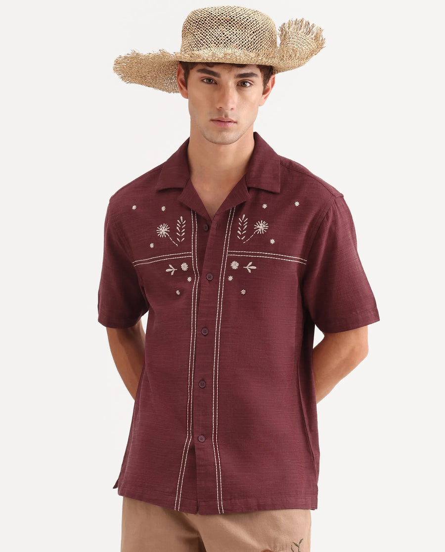 Rare Rabbit Men's Gwen 26 Red Cotton Blend Fabric Half Sleeve Cuban Collar Relaxed Fit Embroidered Shirt