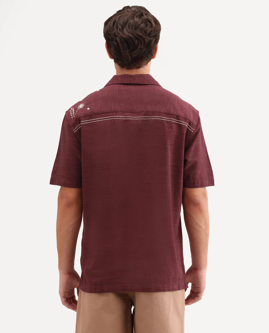 Rare Rabbit Men's Gwen 26 Red Cotton Blend Fabric Half Sleeve Cuban Collar Relaxed Fit Embroidered Shirt