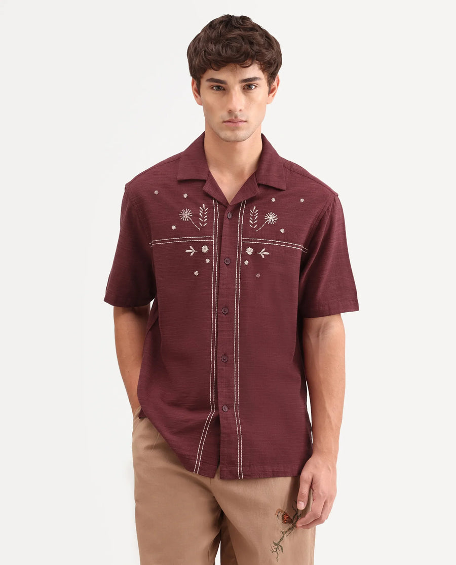 Rare Rabbit Men's Gwen 26 Red Cotton Blend Fabric Half Sleeve Cuban Collar Relaxed Fit Embroidered Shirt