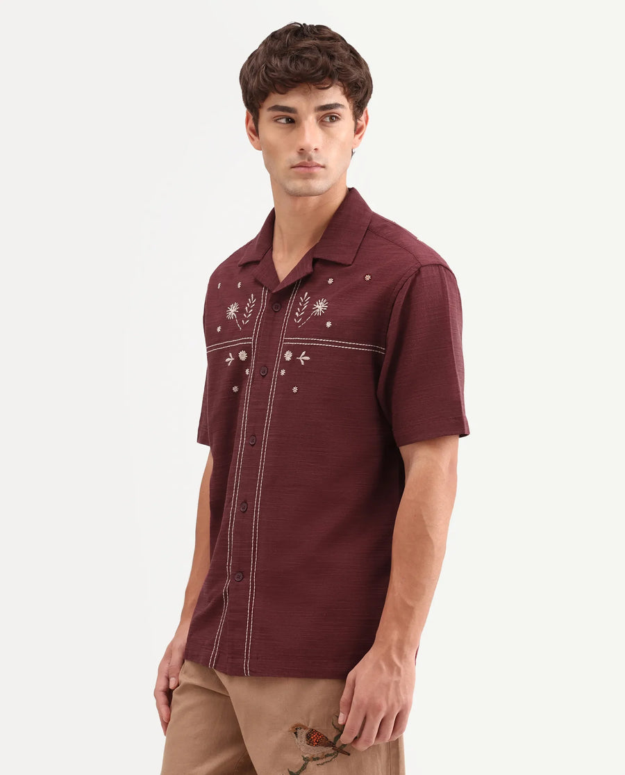 Rare Rabbit Men's Gwen 26 Red Cotton Blend Fabric Half Sleeve Cuban Collar Relaxed Fit Embroidered Shirt