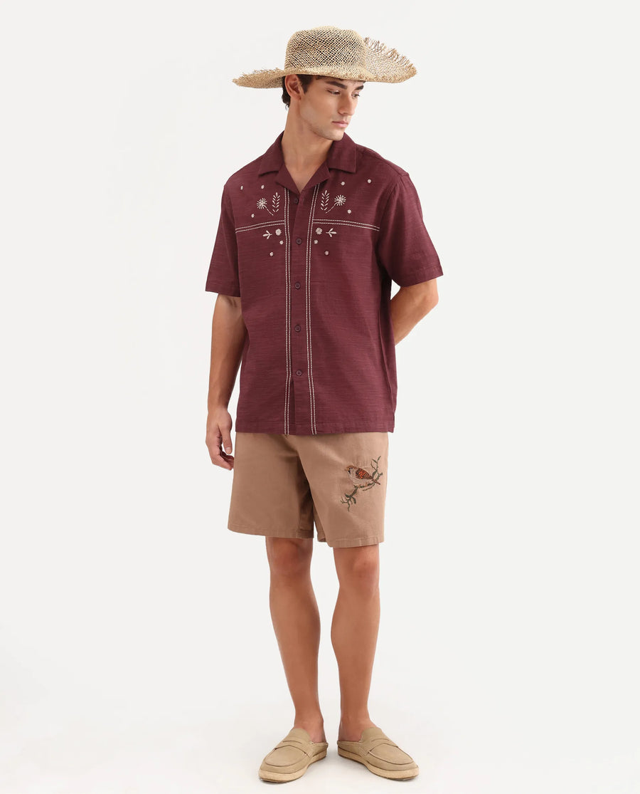 Rare Rabbit Men's Gwen 26 Red Cotton Blend Fabric Half Sleeve Cuban Collar Relaxed Fit Embroidered Shirt