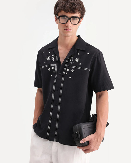 Rare Rabbit Men's Gwen 26 Black Cotton Blend Fabric Half Sleeve Cuban Collar Relaxed Fit Embroidered Shirt
