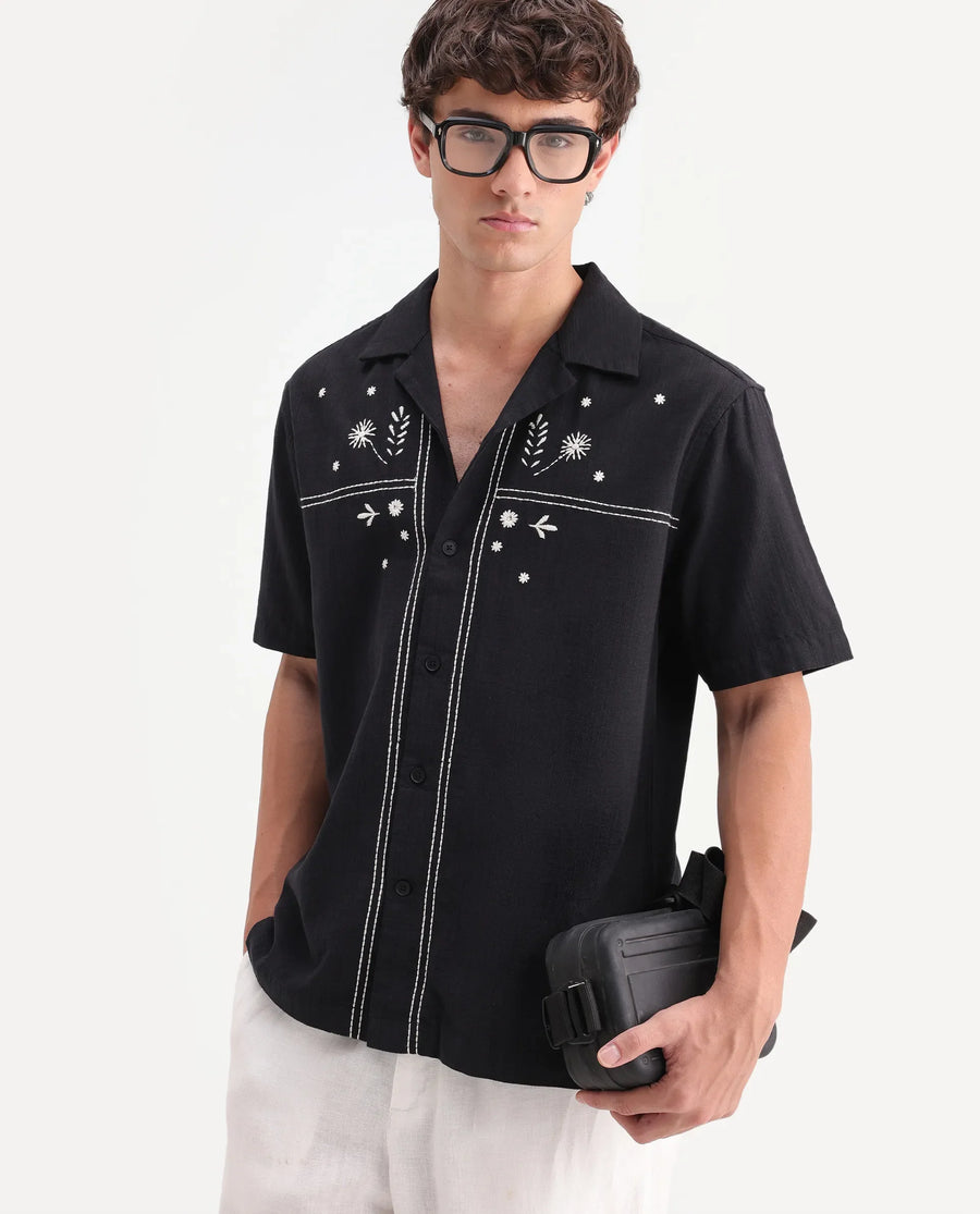 Rare Rabbit Men's Gwen 26 Black Cotton Blend Fabric Half Sleeve Cuban Collar Relaxed Fit Embroidered Shirt